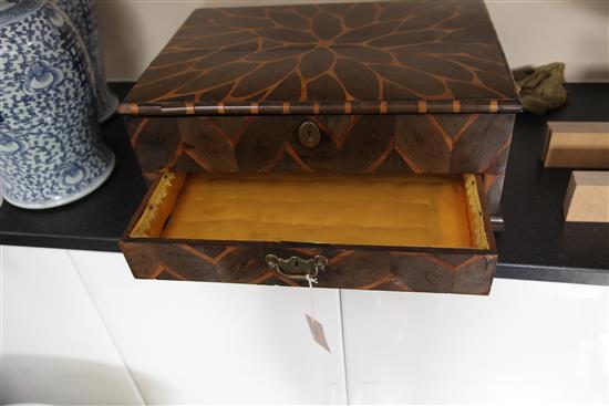 A William and Mary oyster veneered toilet box, W.1ft 11in.